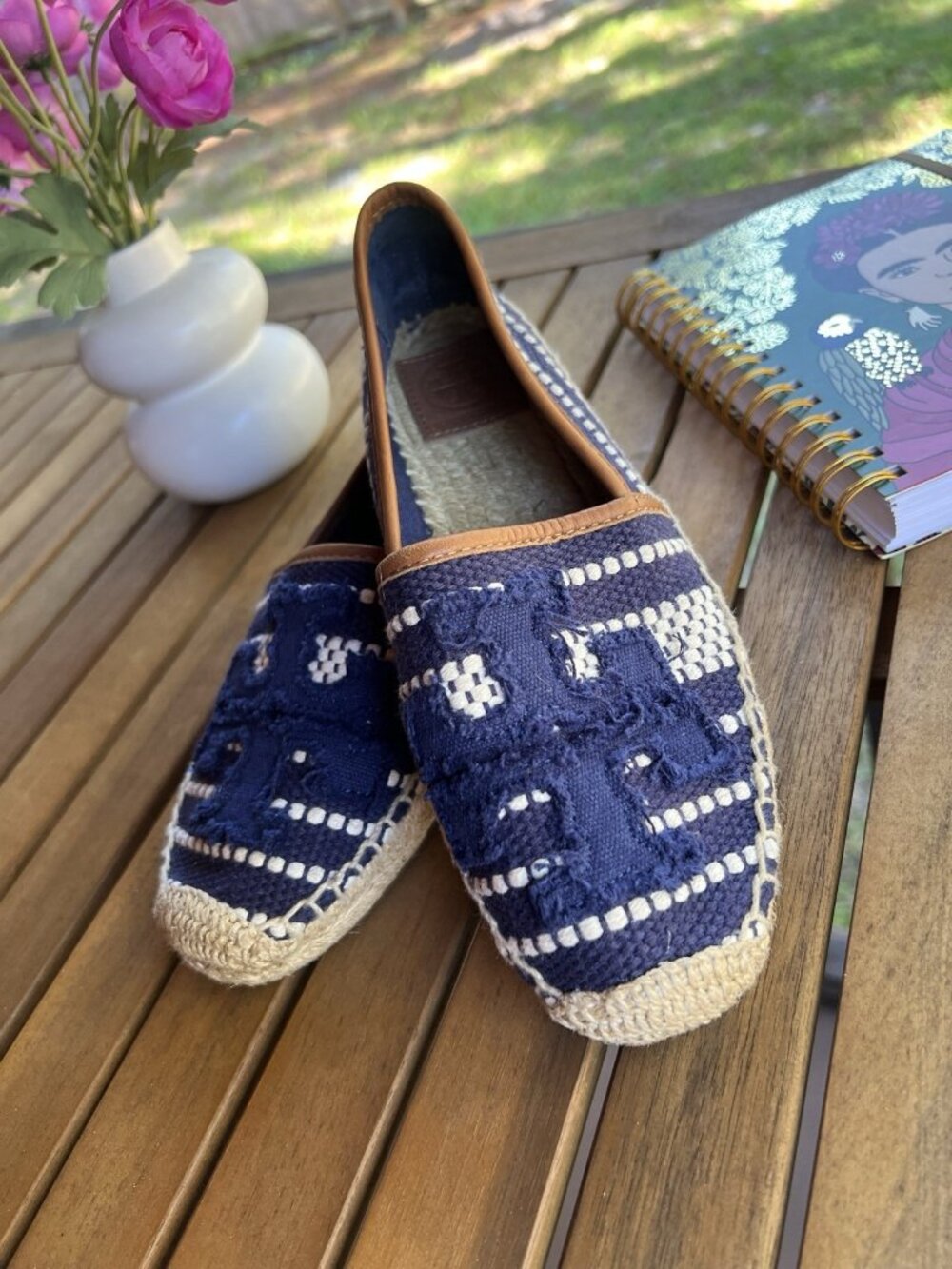Tory Burch Shaw Logo Canvas Espadrilles Navy White Women’s US 6 - Picture 9 of 11